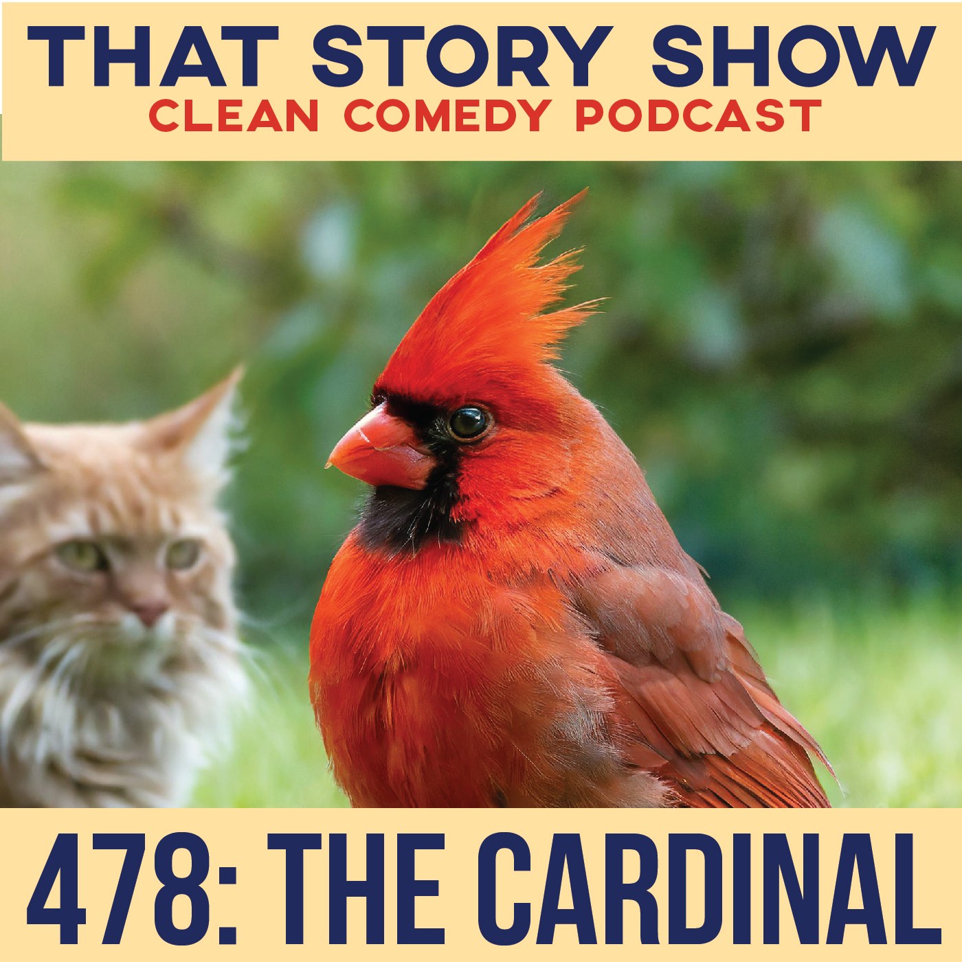 Episode 478: The Cardinal. Picture of a large red cardinal being stalked by a cat in the background.